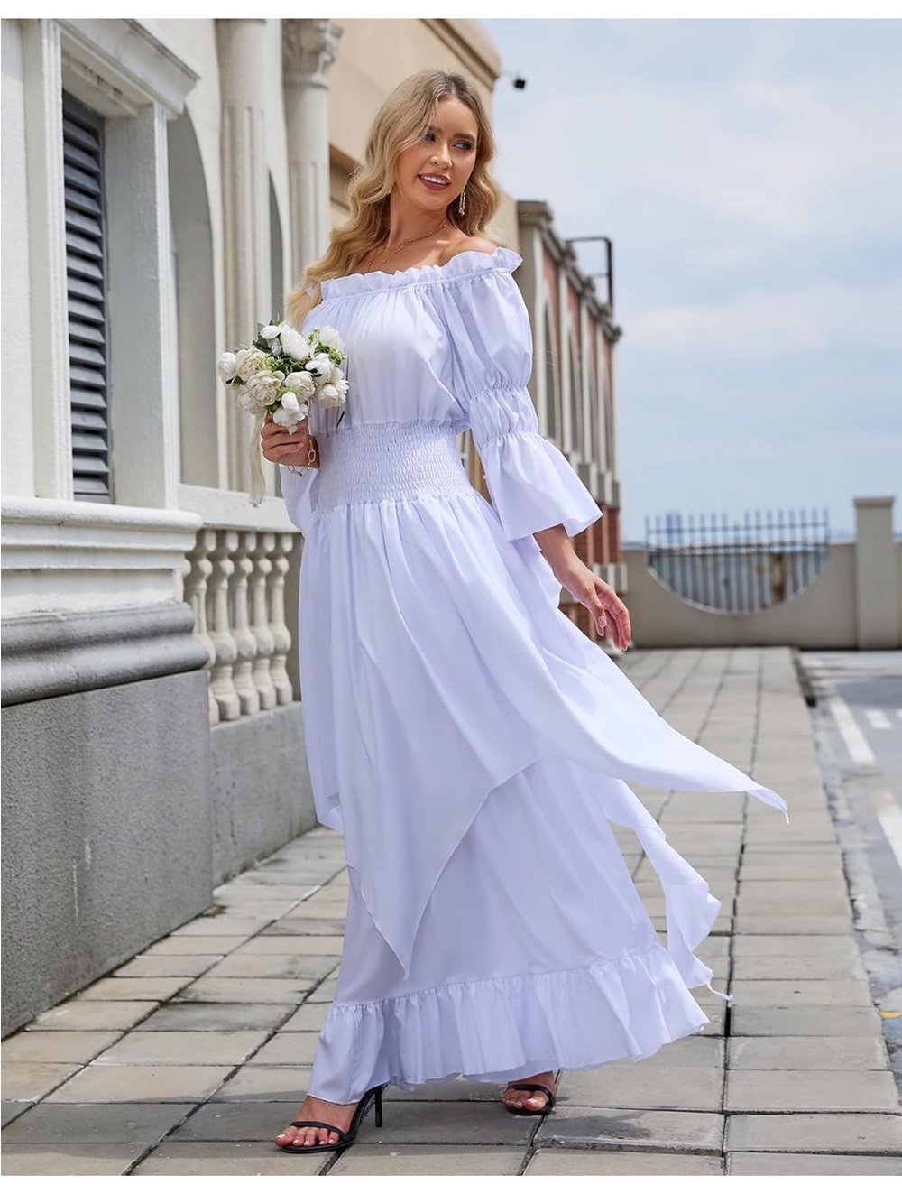 Off-Shoulder White Maxi Dress with Smocked Waist